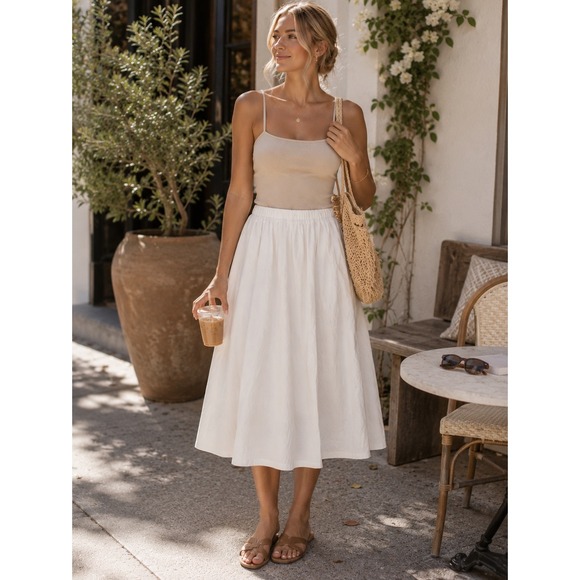 Petal + Pup Dresses & Skirts - Petal + Pup Midi Skirt Womens XS White Linen Blend Elastic Waist Coastal Chic